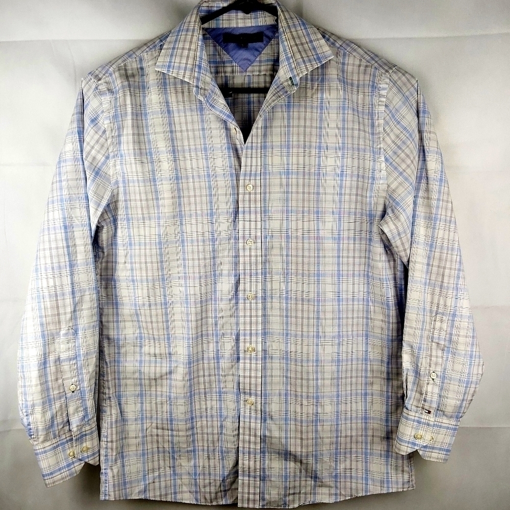 TOMMY Hilfiger men's button up plaid Drwss shirt light 100% cotton Sz 15-1/2